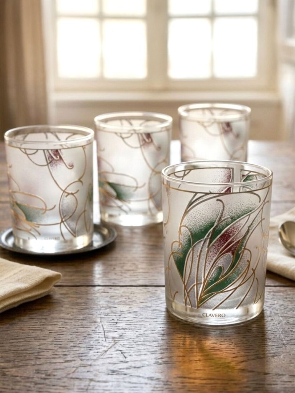Vintage CULVER Frosted Whiskey Bar Glasses Gold Trim Abstract Design Retro x4